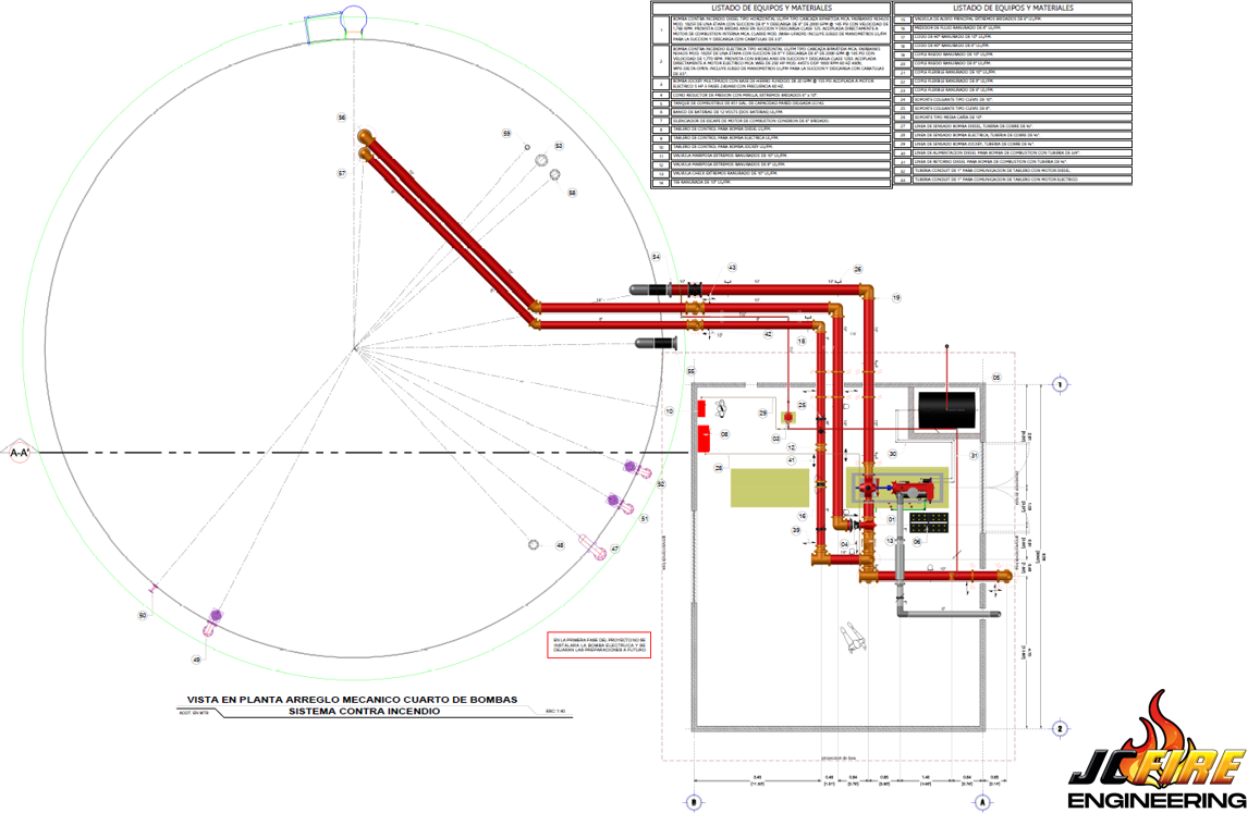 Vista de Planta de Arreglo Mecánico del Cuarto de Bombas del Sistema Contra Incendios